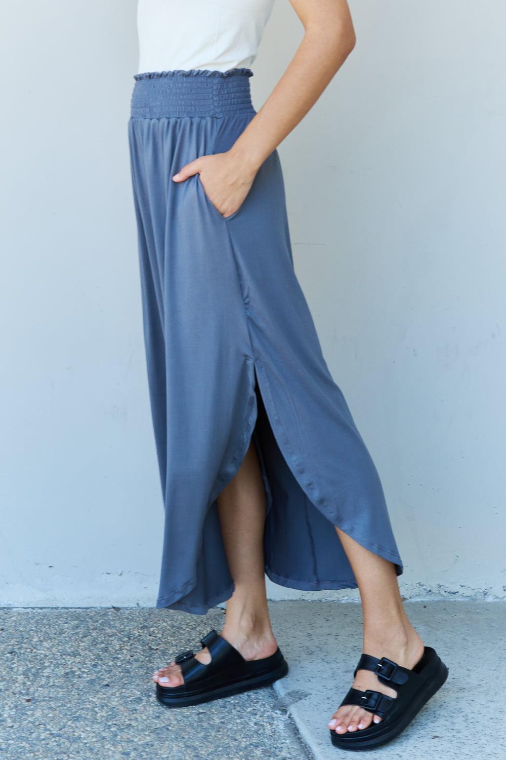 Doublju Comfort Princess Full Size High Waist Scoop Hem Maxi Skirt in Dusty Blue Carauana Store