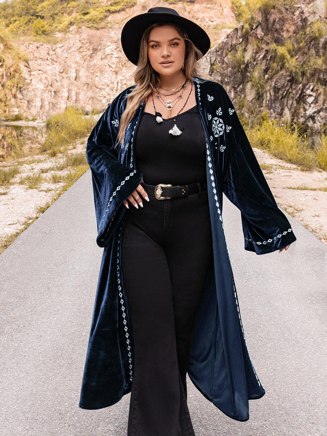 Plus Size Embroidery Open Front Long Sleeve Cardigan Carauana Store