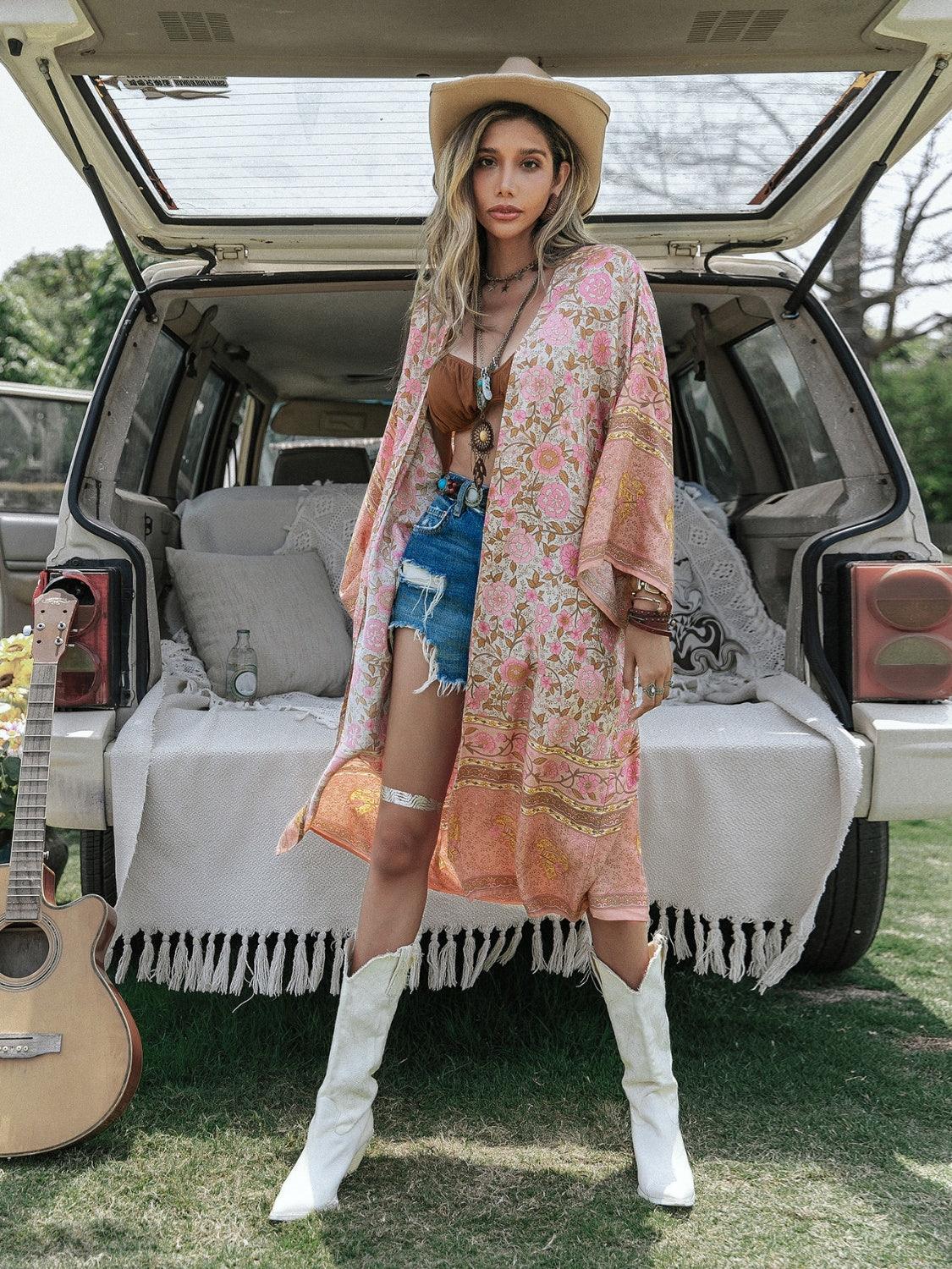 Floral Open Front Long Sleeve Cardigan Carauana Store