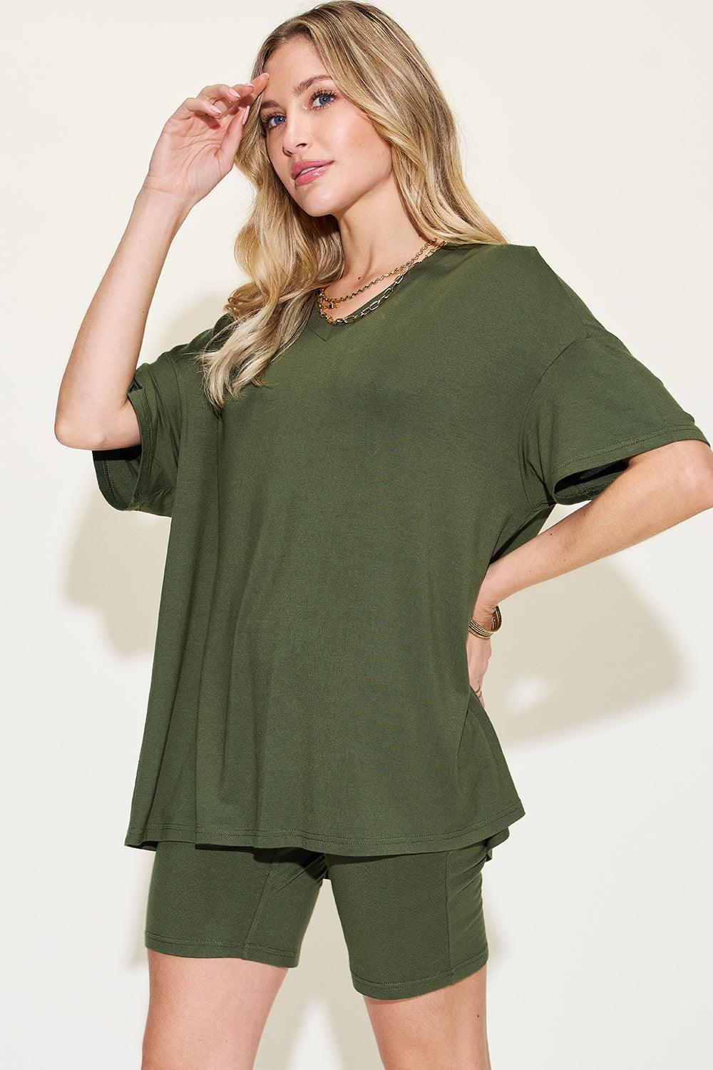 Basic Bae Full Size V-Neck Drop Shoulder Short Sleeve T-Shirt and Shorts Set Carauana Store