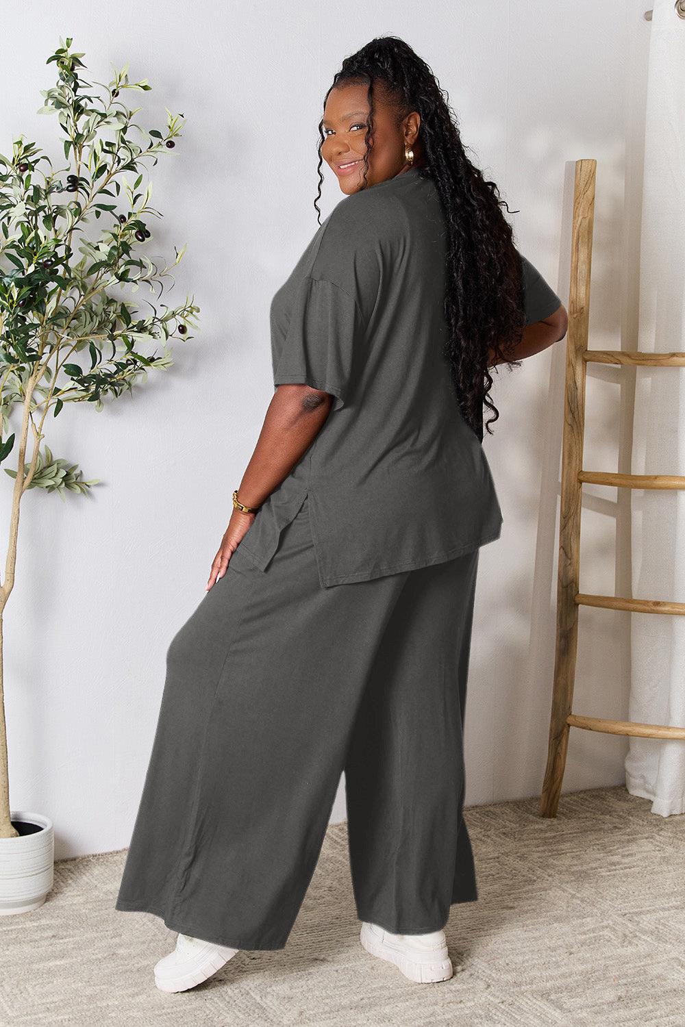 Double Take Full Size Round Neck Slit Top and Pants Set Carauana Store