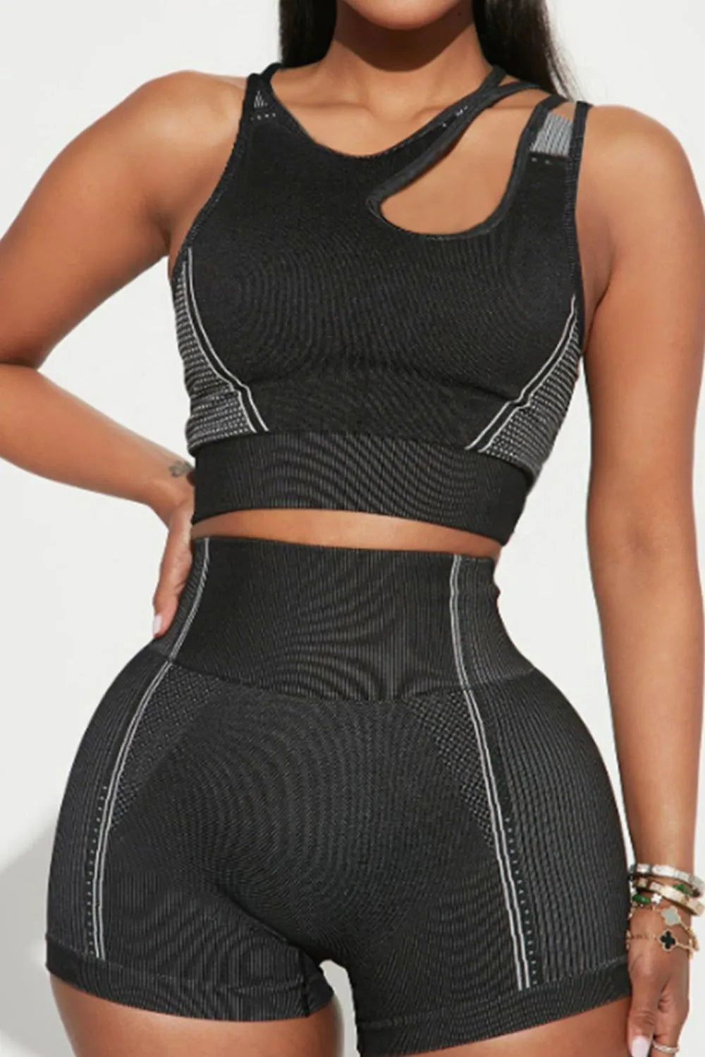 Asymmetrical Neck Striped Tank and Shorts Active Set Carauana Store