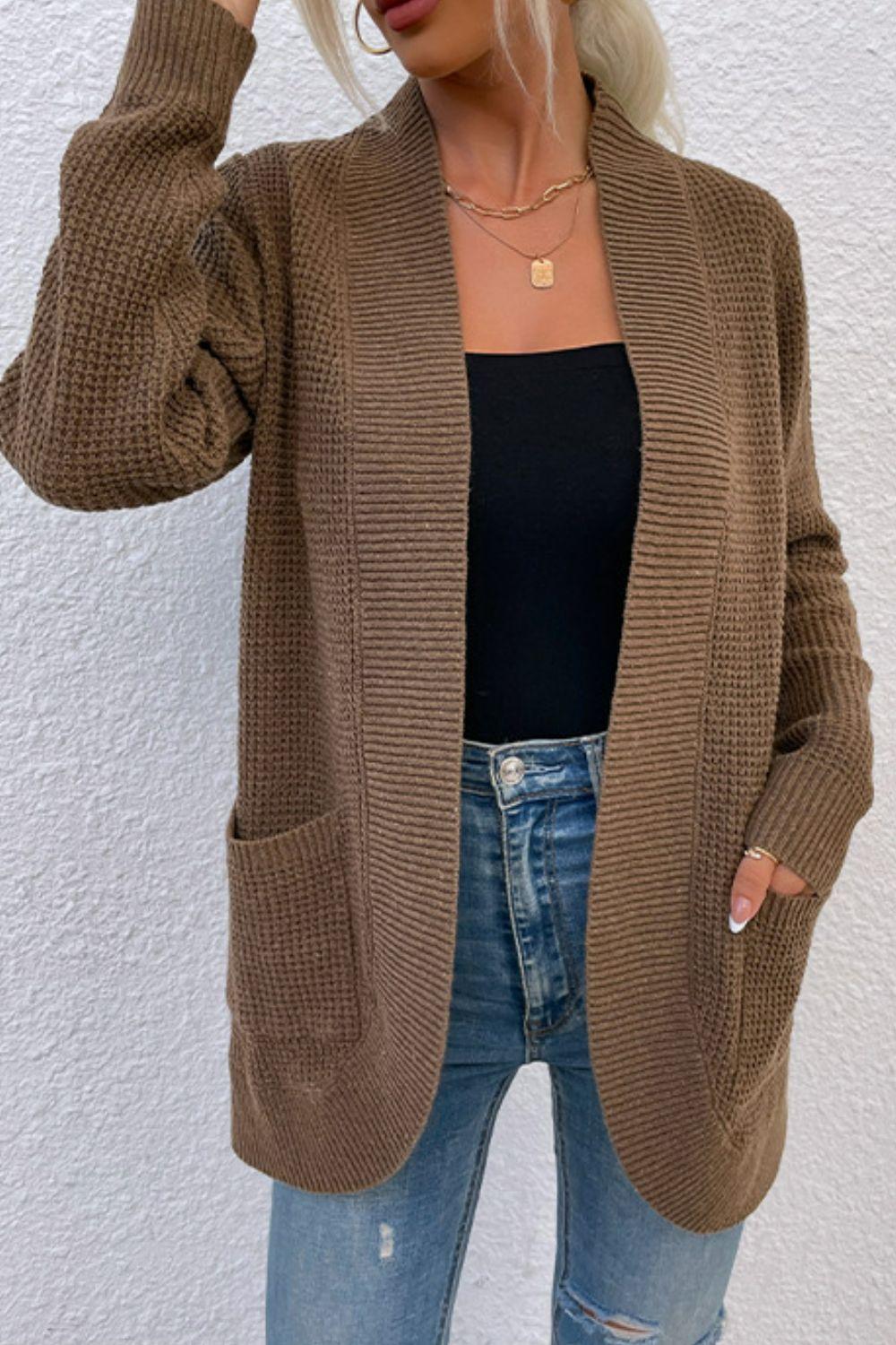 Open Front Rib-Knit Cardigan with Pockets Carauana Store