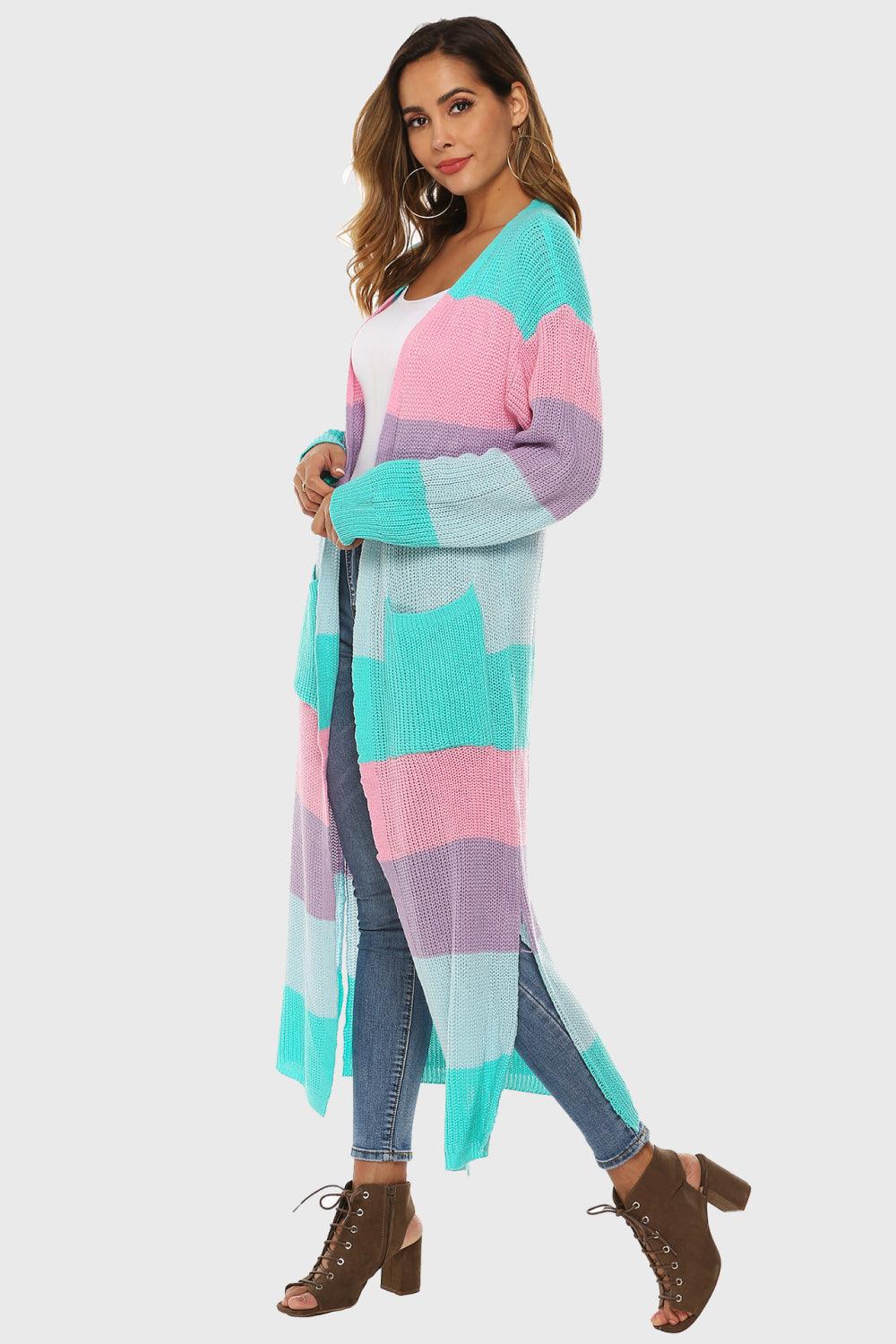 Color Block Long Sleeve Pocketed Cardigan Carauana Store