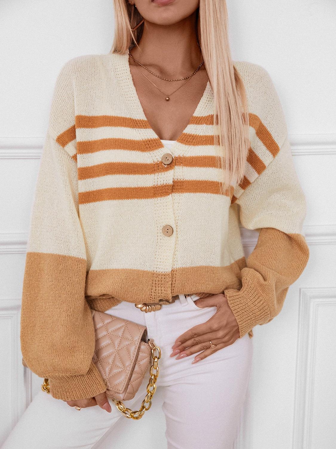 Color Block V-Neck Button Down Long Sleeve Cardigan Carauana Store