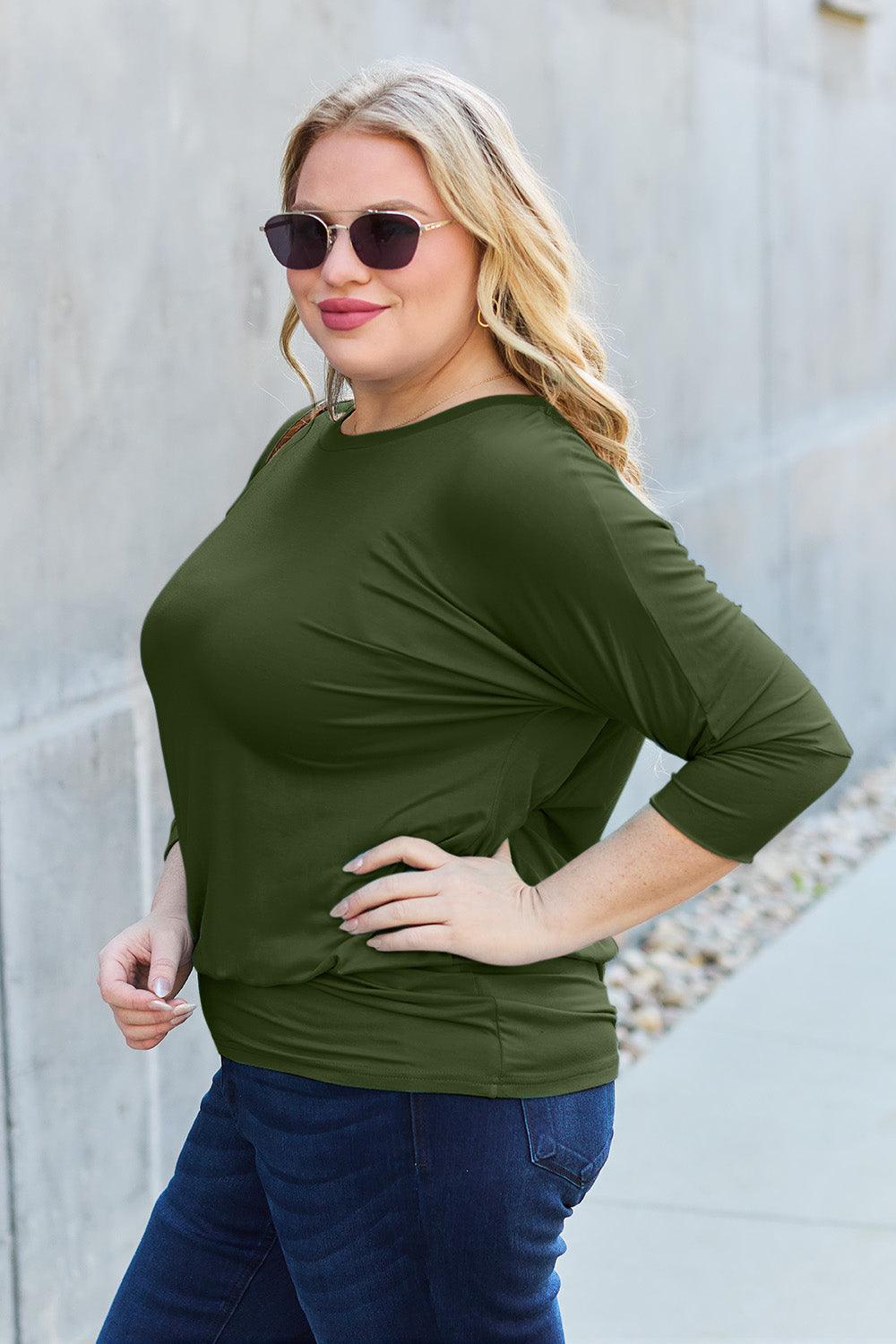 Basic Bae Full Size Round Neck Batwing Sleeve Blouse Carauana Store