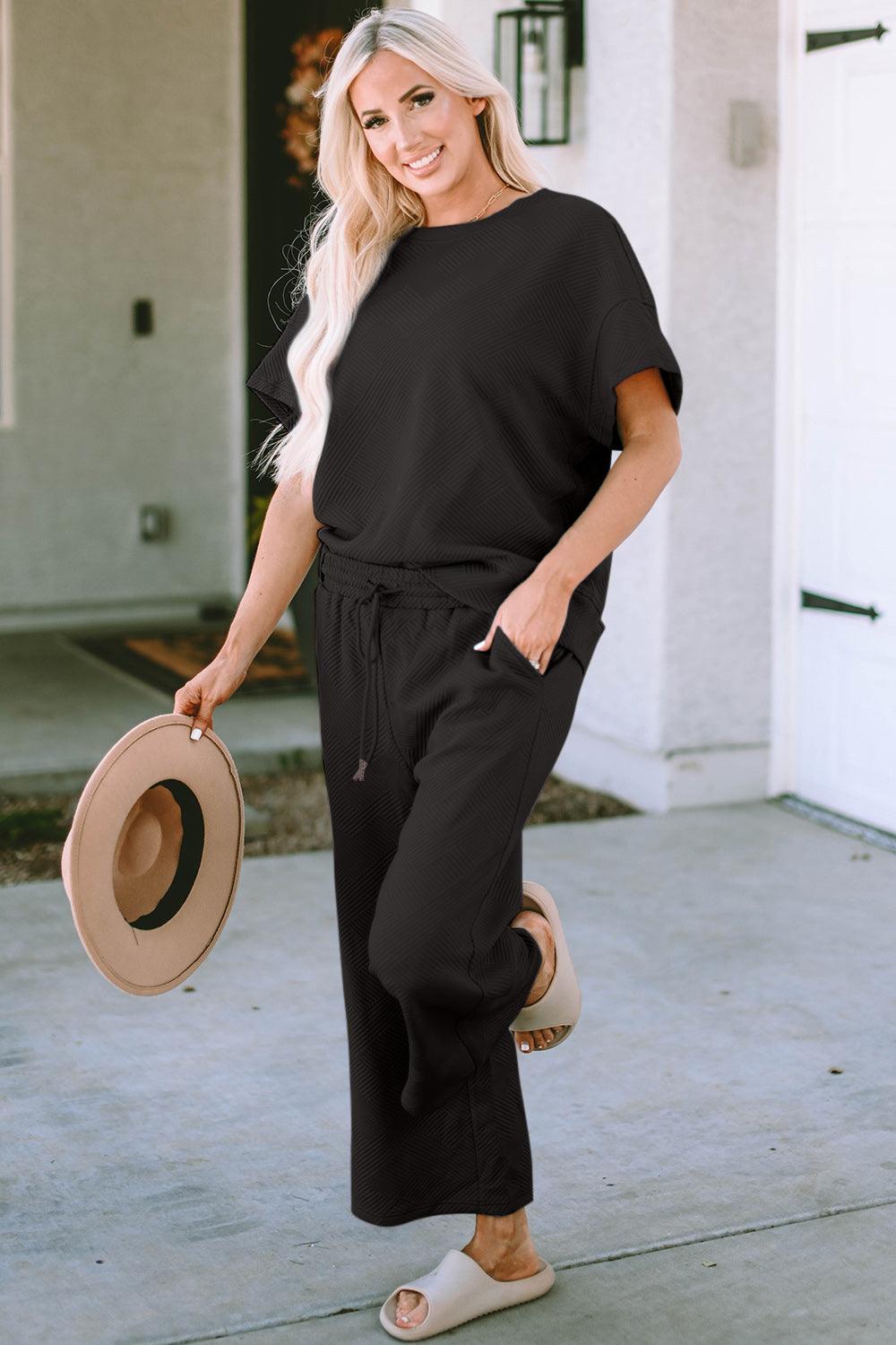 Double Take Full Size Texture Short Sleeve Top and Pants Set Carauana Store
