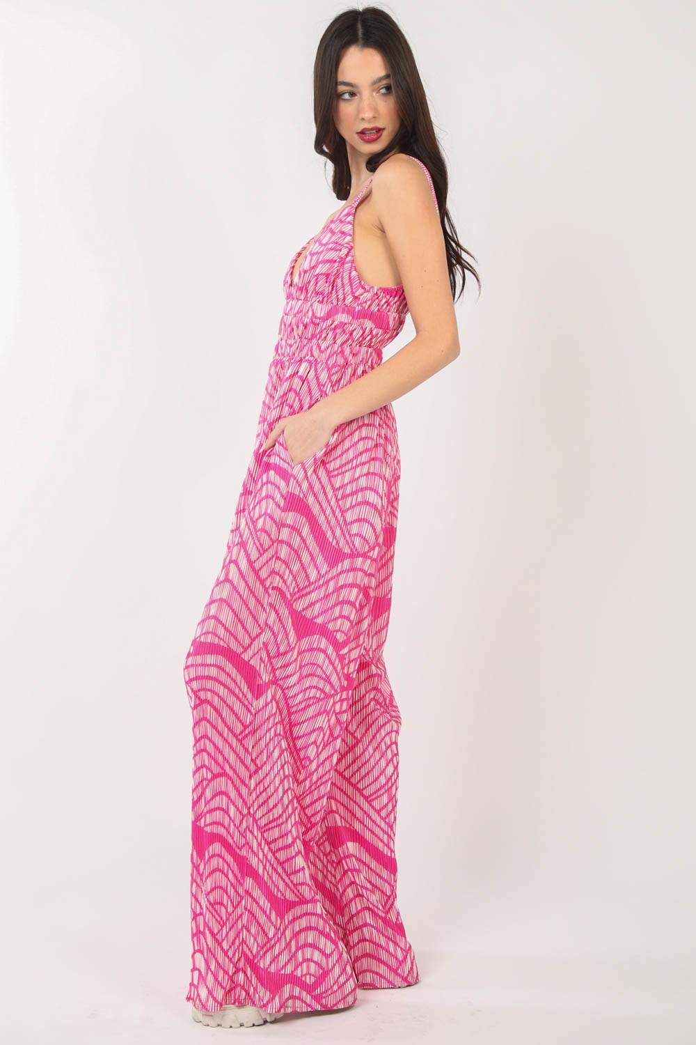 VERY J Printed Pleated Sleeveless Wide Leg Jumpsuit Carauana Store
