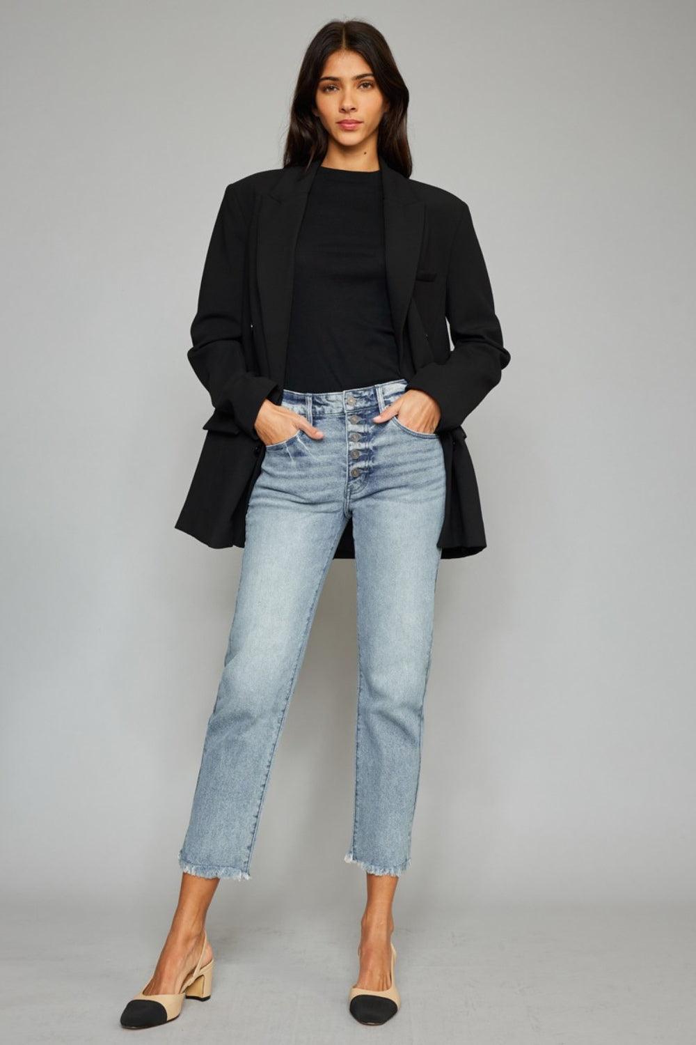 Kancan High Waist Button Fly Raw Hem Cropped Straight Jeans Carauana Store