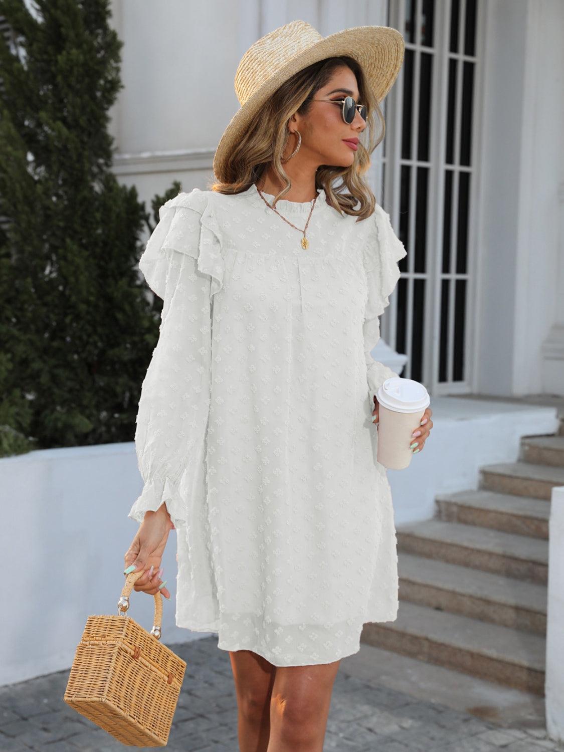 Swiss Dot Mock Neck Flounce Sleeve Dress Carauana Store