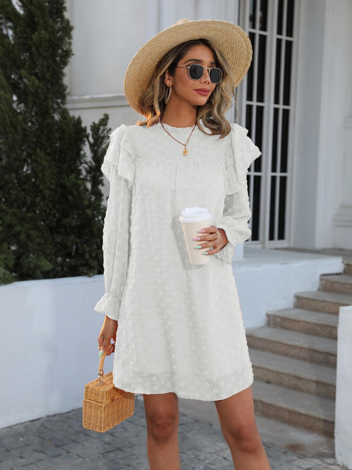 Swiss Dot Mock Neck Flounce Sleeve Dress Carauana Store