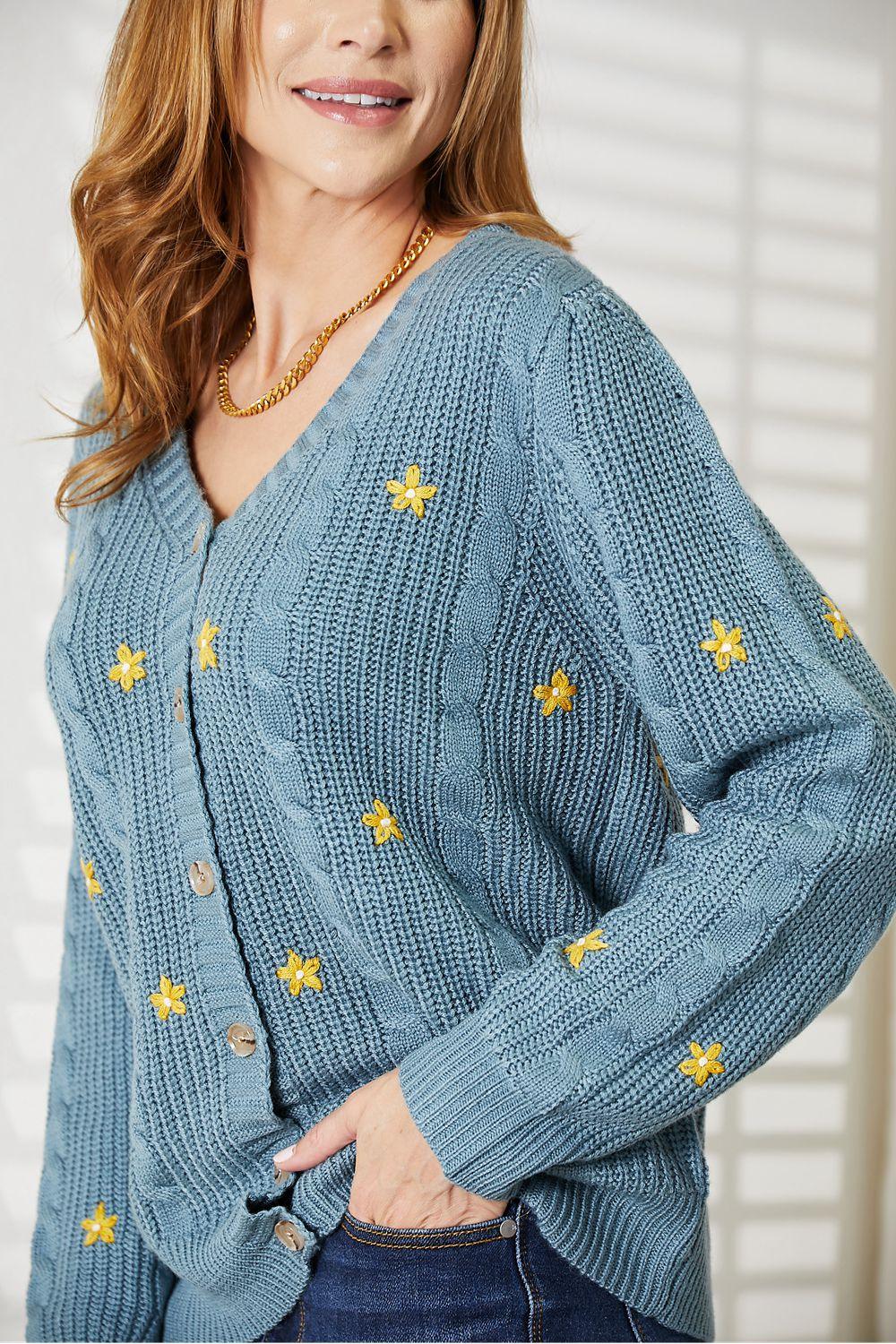 HEYSON Full Size Floral Embroidered Cable Cardigan Carauana Store