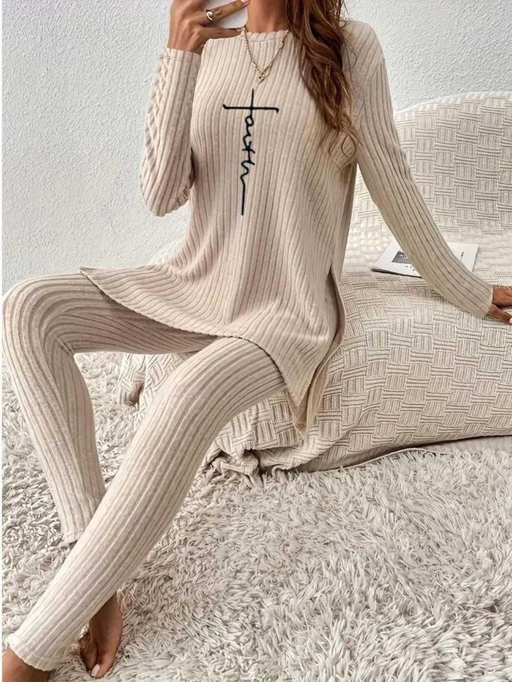 Side Slit Round Neck Long Sleeve Top and Pants Set Carauana Store