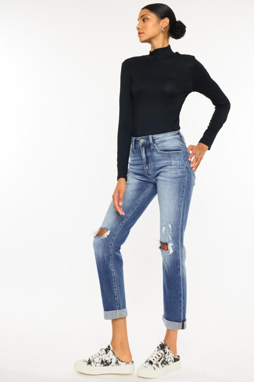 Kancan High Waist Distressed Hem Detail Cropped Straight Jeans Carauana Store