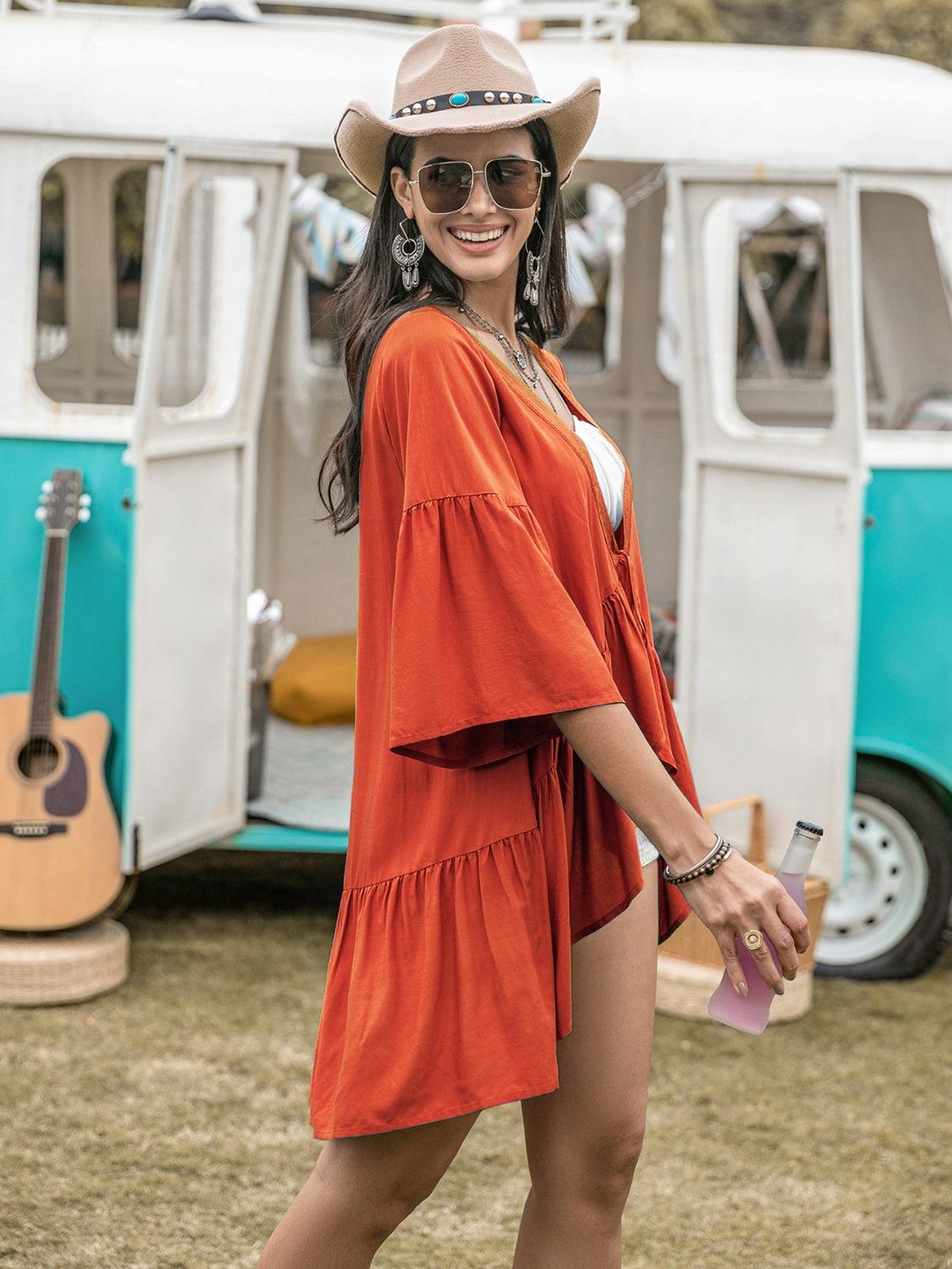 Lace Detail Tied Dropped Shoulder Cover Up Carauana Store