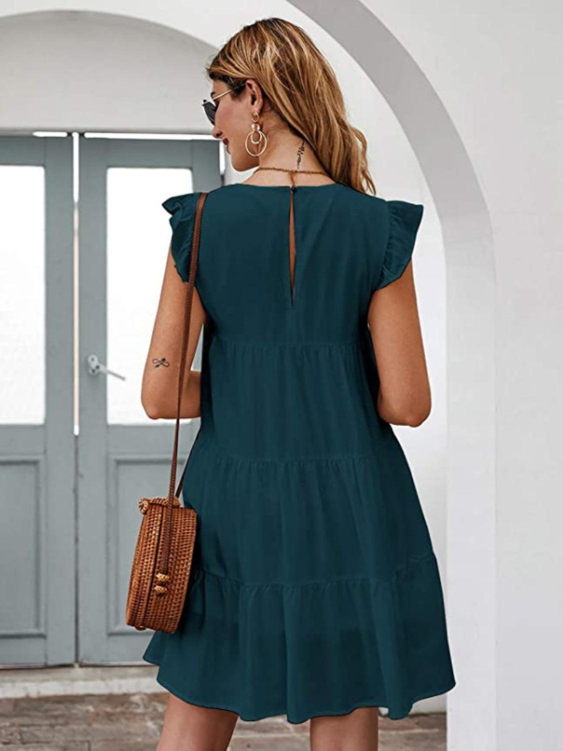 Ruffled Round Neck Cap Sleeve Mini Dress Carauana Store