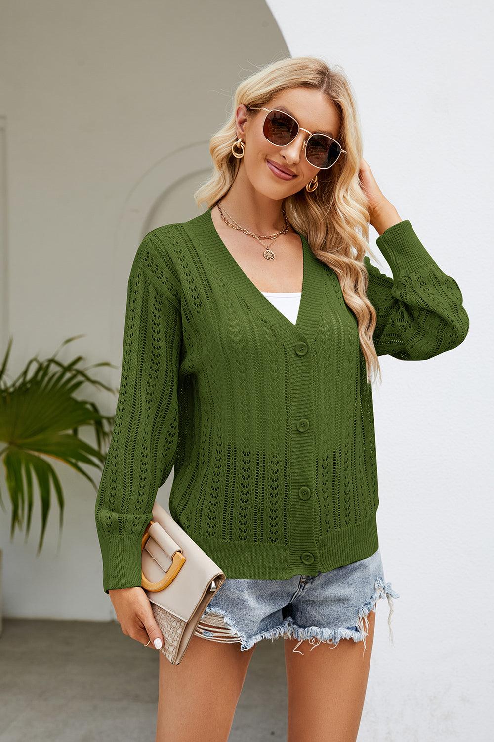 Openwork Button Front V-Neck Cardigan Carauana Store
