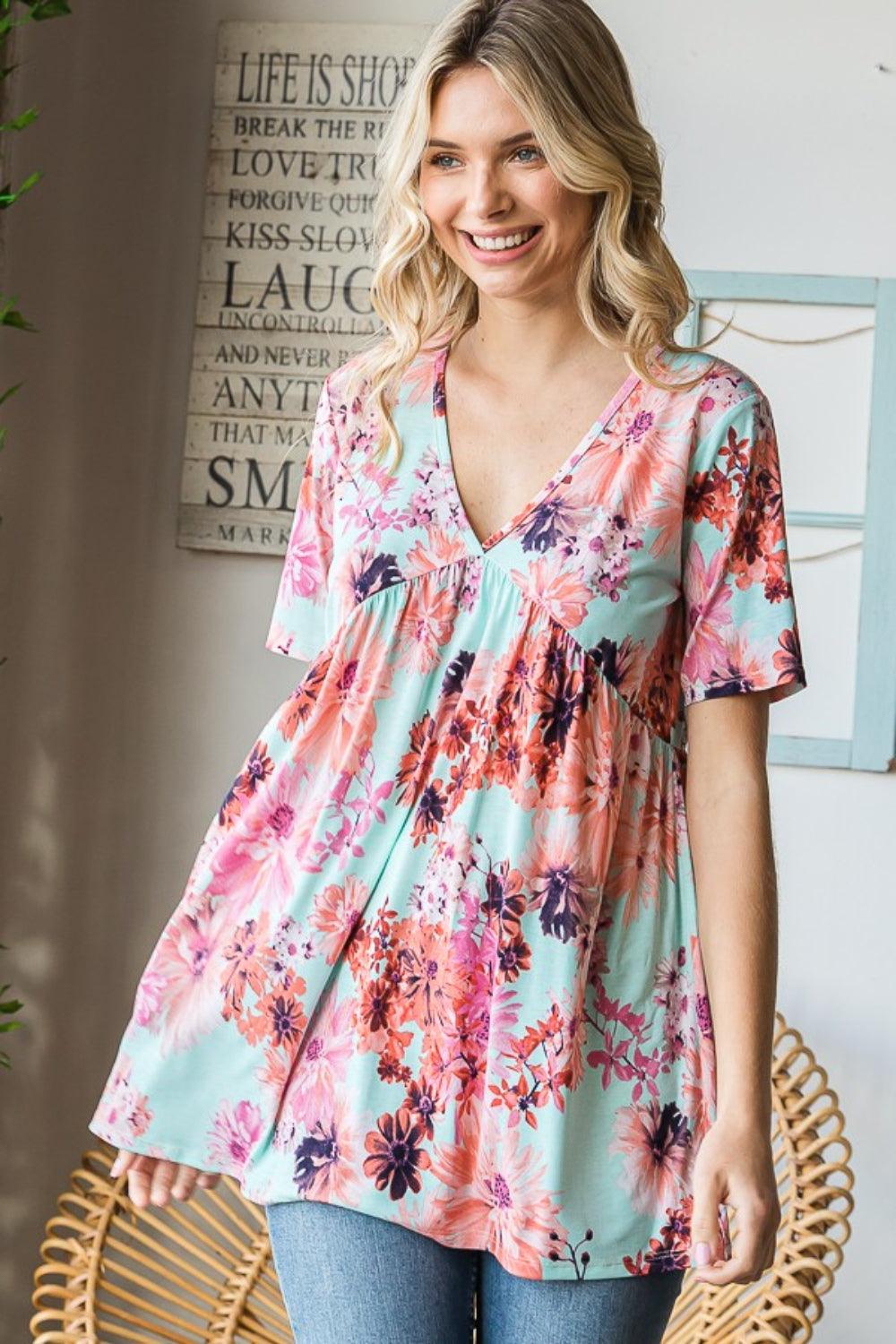 Heimish Full Size Floral V-Neck Short Sleeve Babydoll Blouse Carauana Store