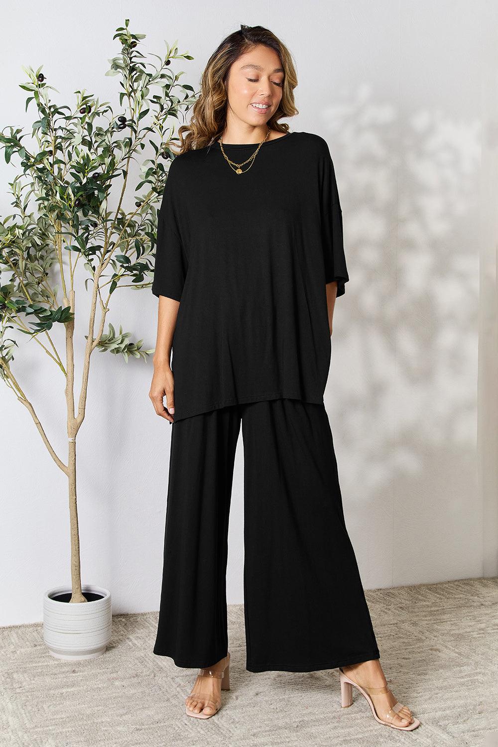 Double Take Full Size Round Neck Slit Top and Pants Set Carauana Store