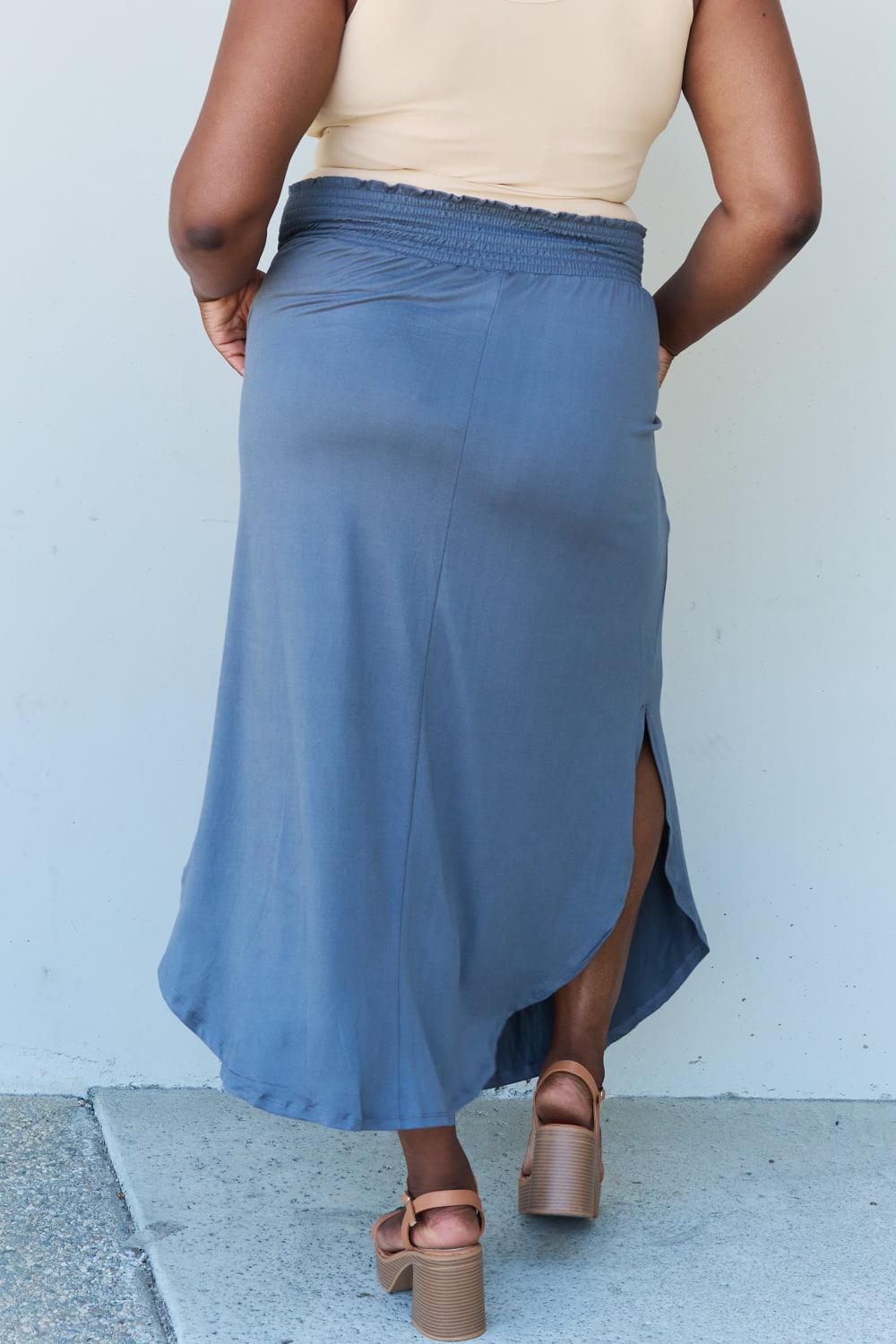 Doublju Comfort Princess Full Size High Waist Scoop Hem Maxi Skirt in Dusty Blue Carauana Store