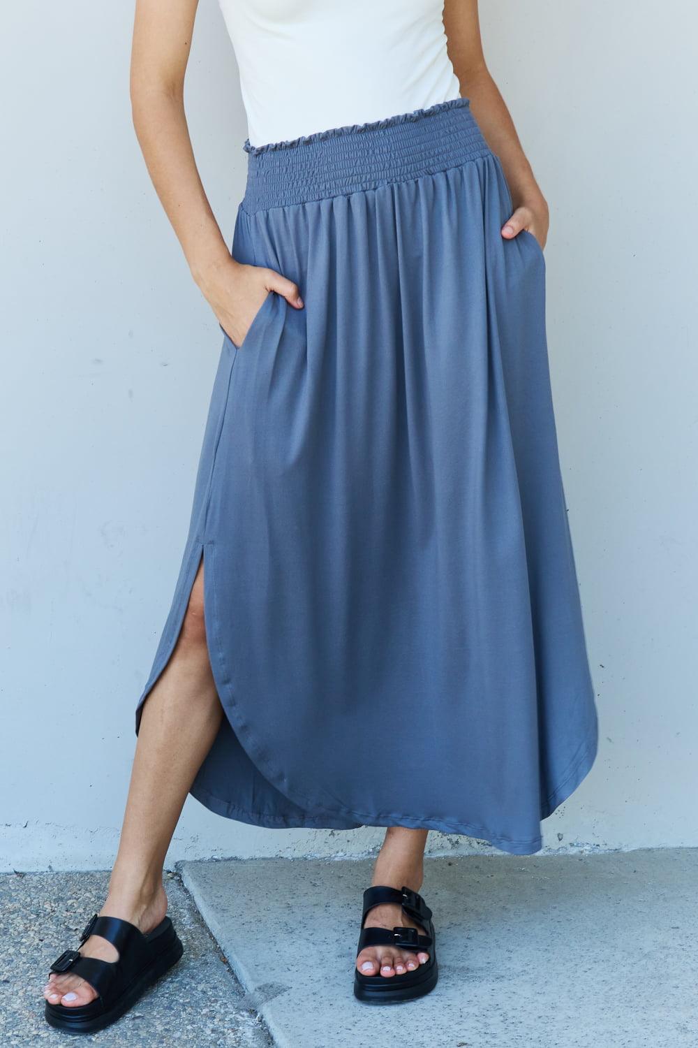 Doublju Comfort Princess Full Size High Waist Scoop Hem Maxi Skirt in Dusty Blue Carauana Store