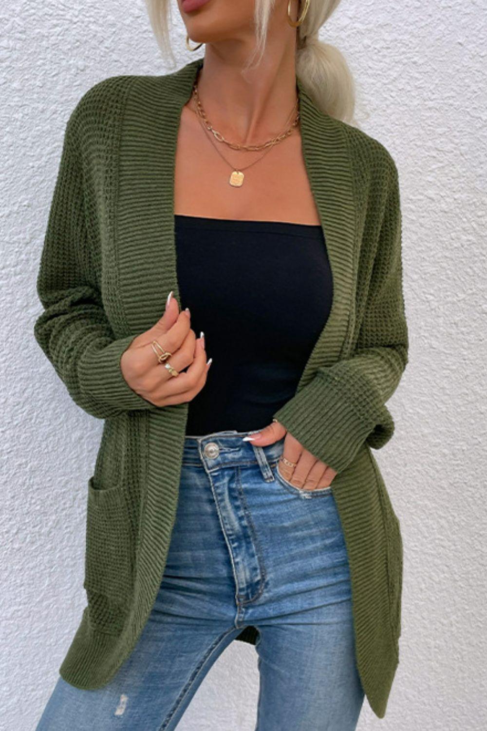 Open Front Rib-Knit Cardigan with Pockets Carauana Store