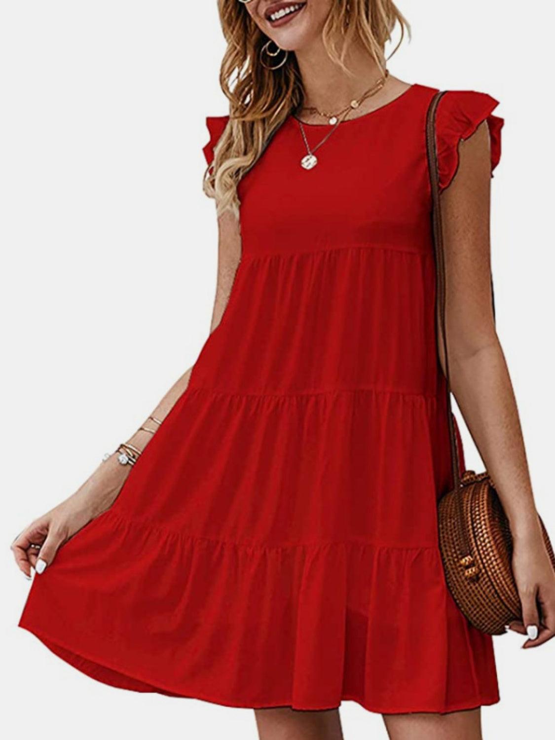 Ruffled Round Neck Cap Sleeve Mini Dress Carauana Store