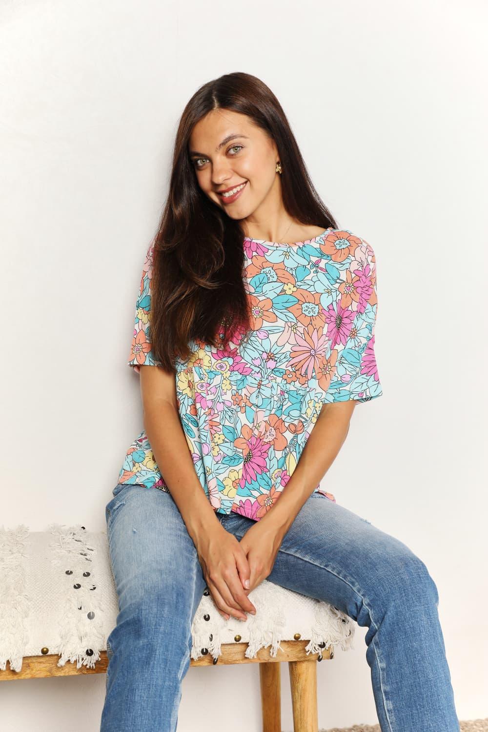 Double Take Floral Round Neck Babydoll Top Carauana Store