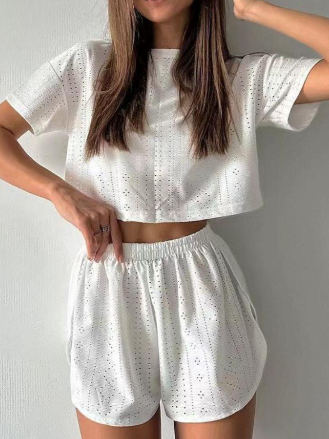 Eyelet Round Neck Top and Shorts Set Carauana Store