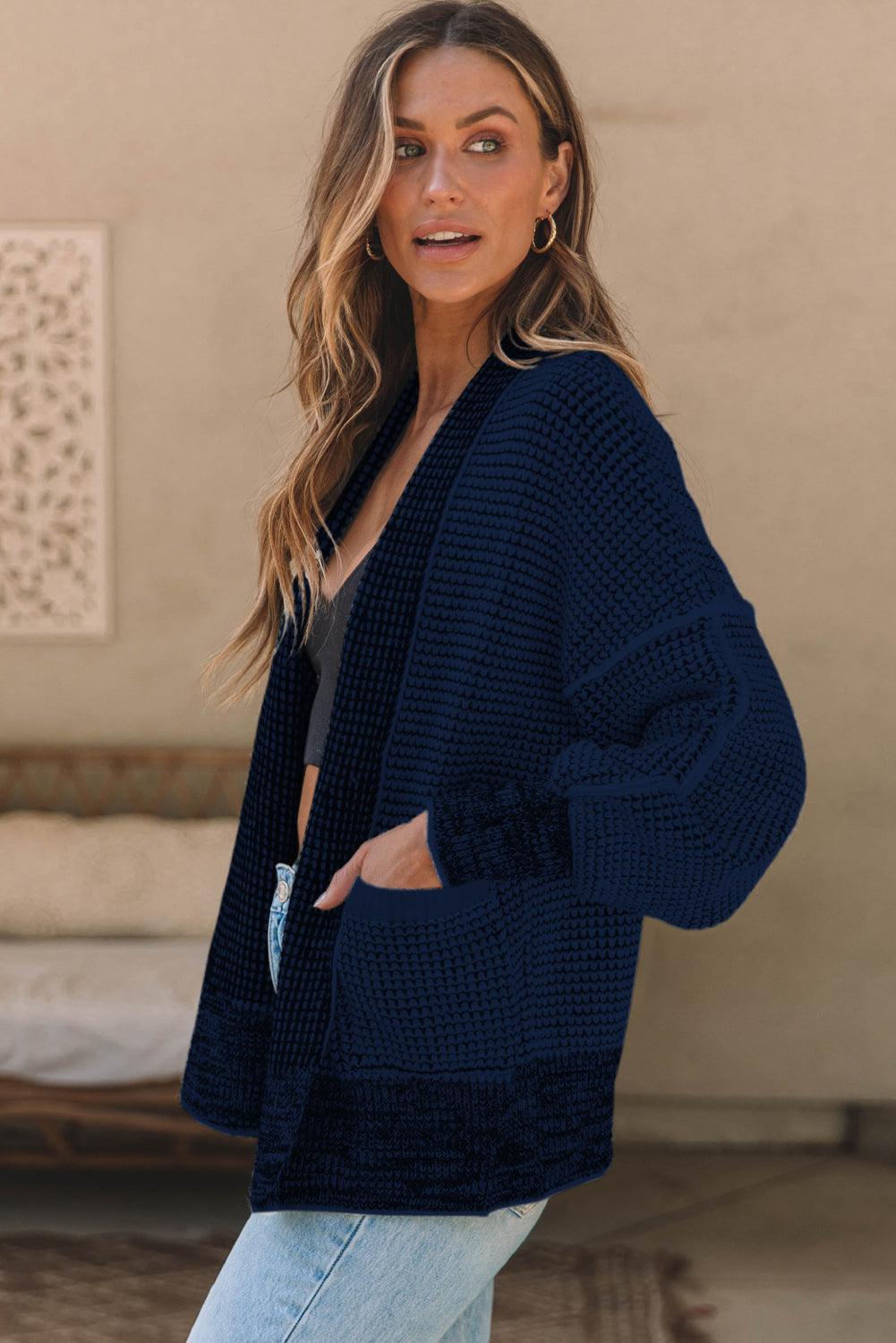 Waffle-knit Pocketed Open Front Cardigan Carauana Store