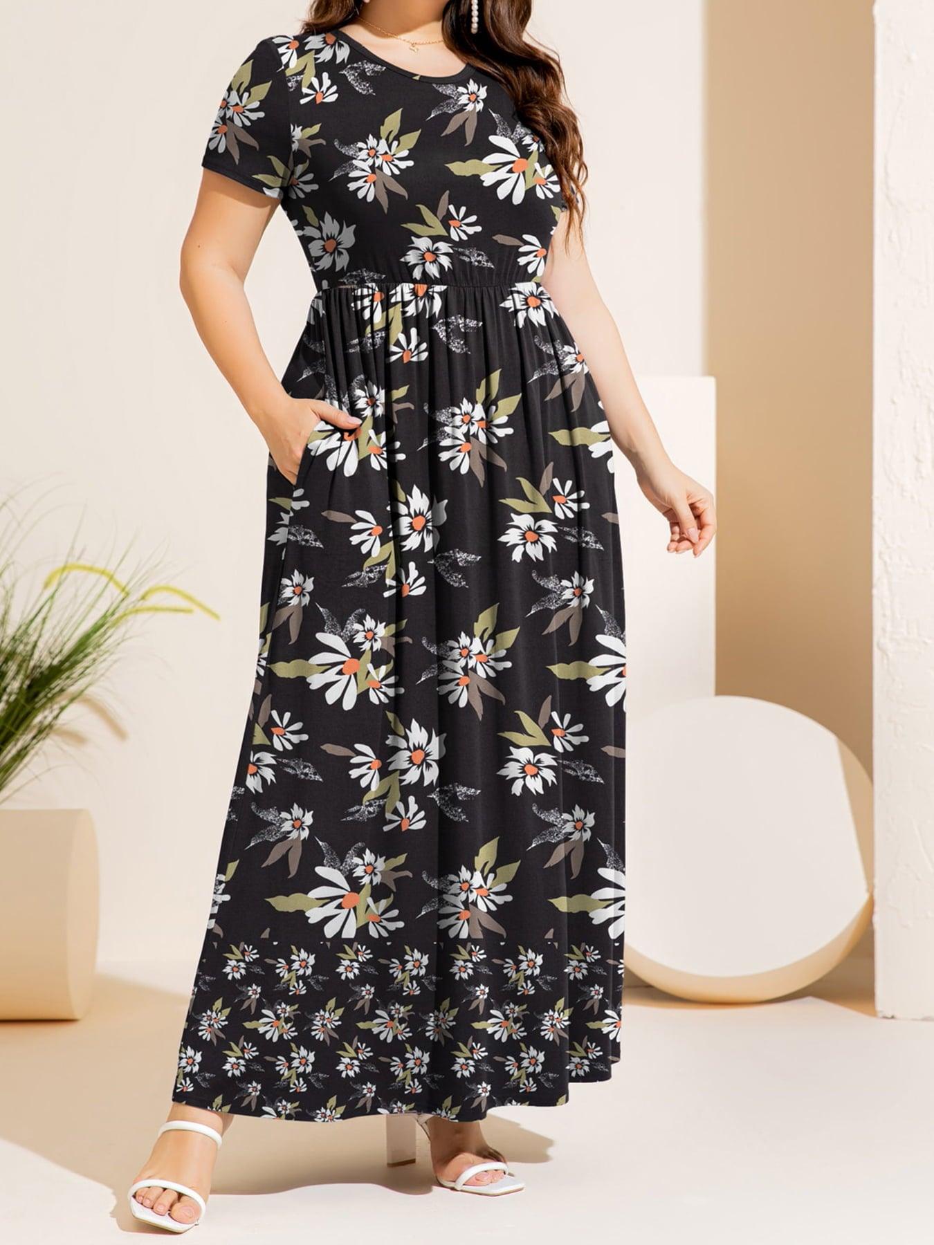 Plus Size Printed Round Neck Short Sleeve Maxi Dress Carauana Store