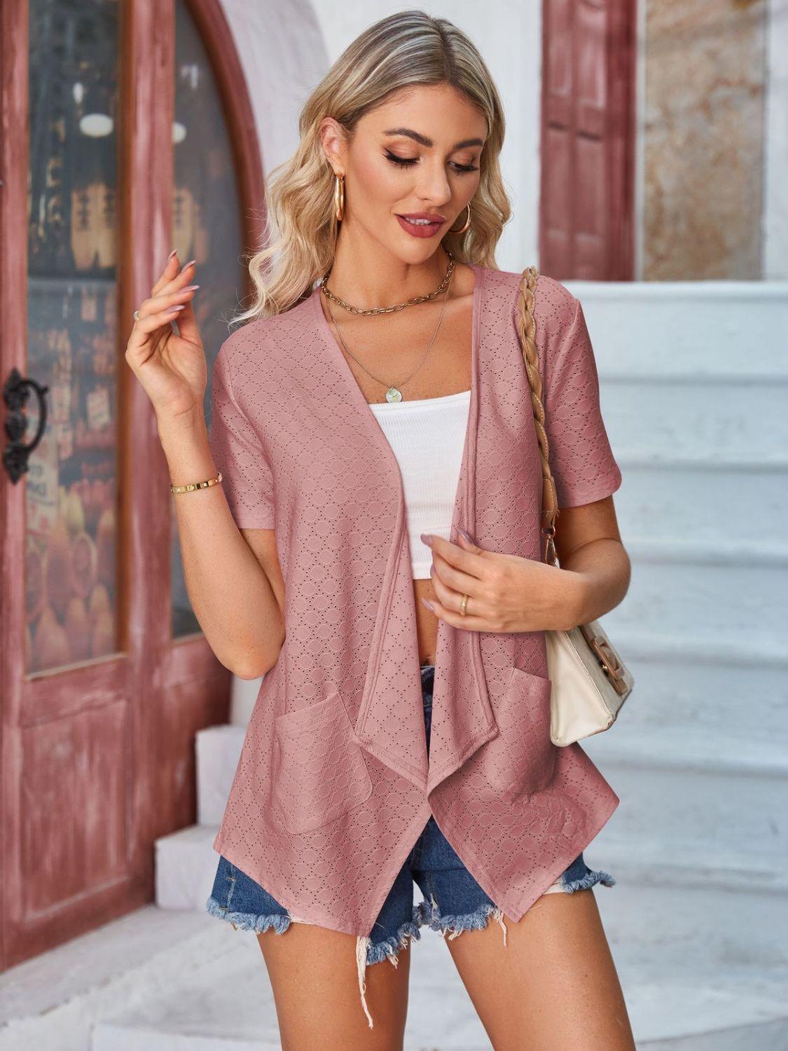 Eyelet Open Front Short Sleeve Cover Up Carauana Store