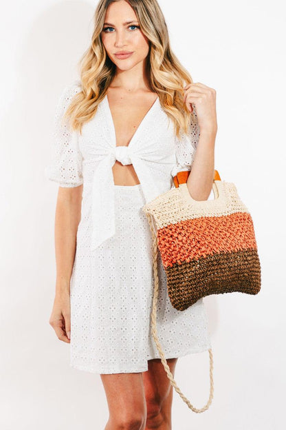 Fame Color Block Double-Use Braided Tote Bag Carauana Store
