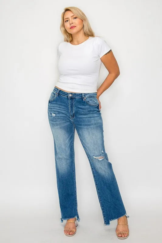 bytos Full Size Raw Hem Distressed Mid Rise Straight Jeans Carauana Store