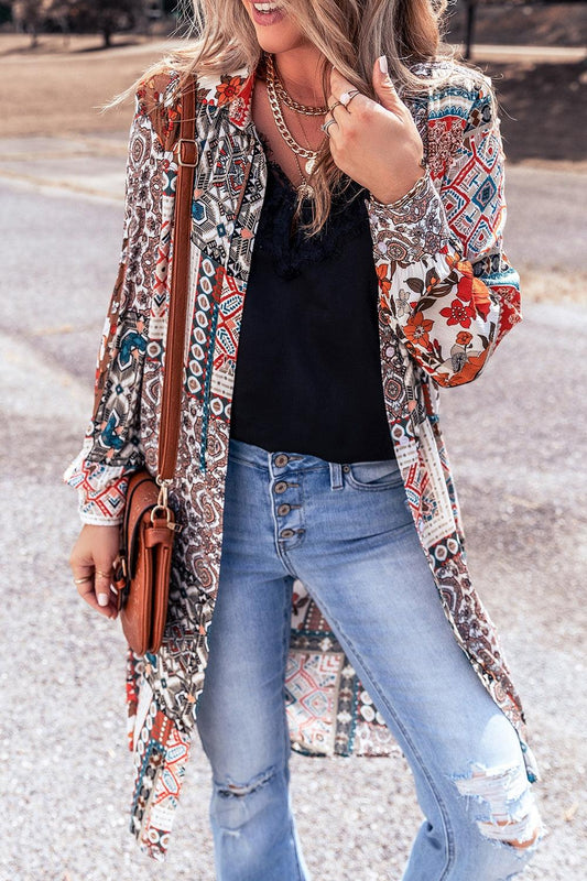 Printed Open Front Collared Neck Cardigan Carauana Store
