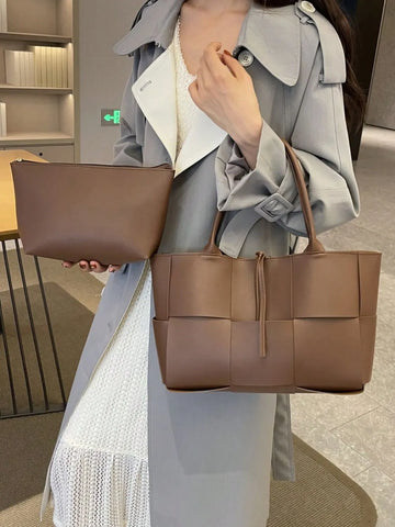 PU Leather Woven Handbag and Clutch Set