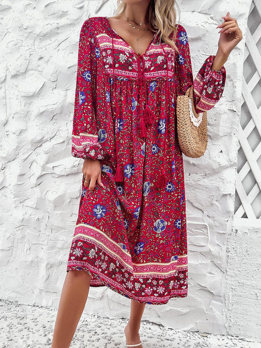 Tassel Tied Printed Long Sleeve Dress Carauana Store