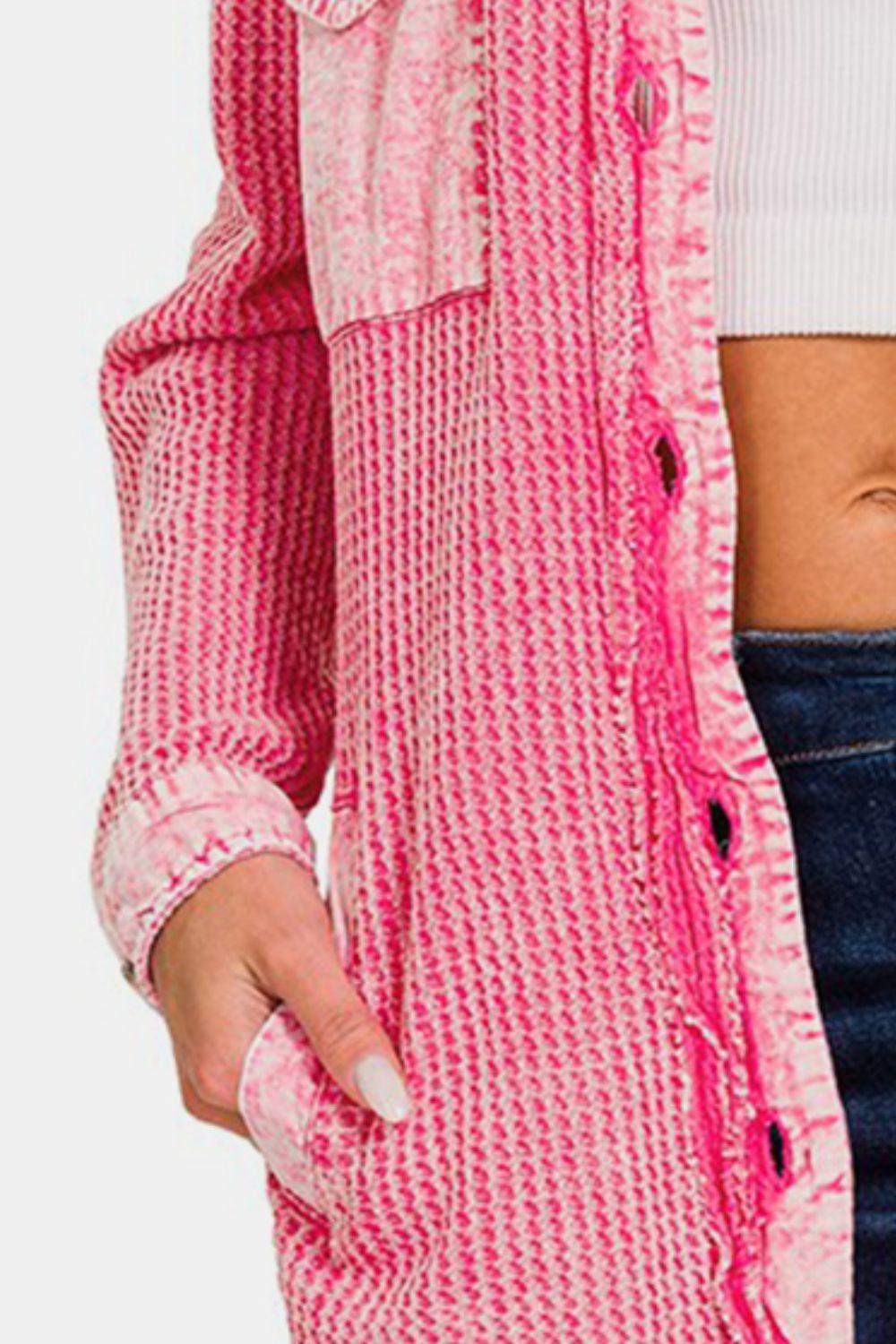 Zenana Waffle-Knit Button Up Dropped Shoulder Jacket Carauana Store