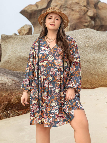 Plus Size Printed V-Neck Balloon Sleeve Mini Dress Carauana Store