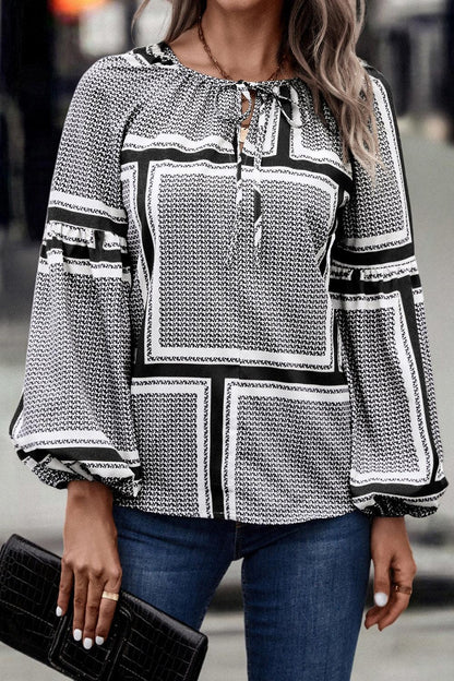 Contrast Printed Tie Neck Balloon Sleeve Blouse Carauana Store