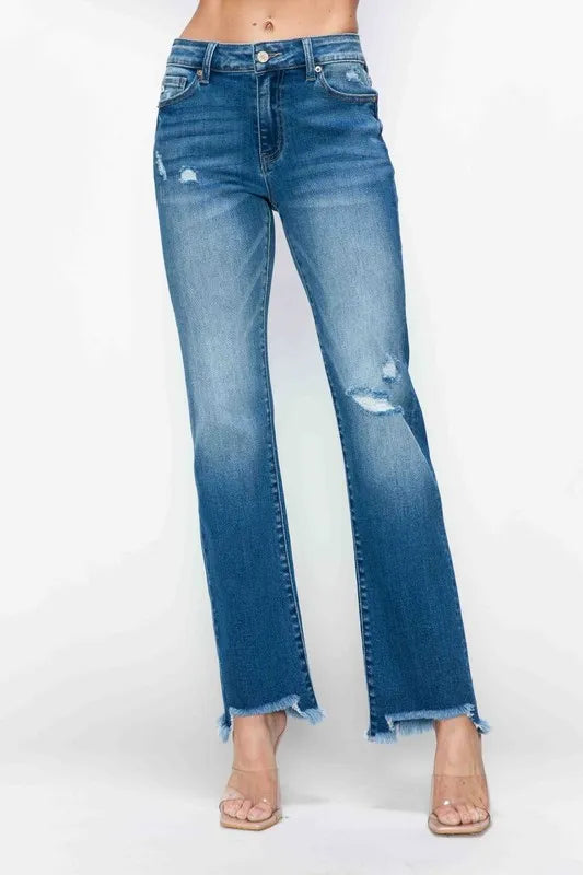 bytos Full Size Raw Hem Distressed Mid Rise Straight Jeans Carauana Store