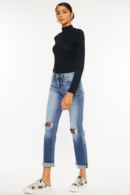 Kancan High Waist Distressed Hem Detail Cropped Straight Jeans Carauana Store