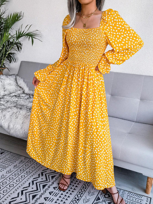 Smocked Square Neck Flounce Sleeve Dress Carauana Store