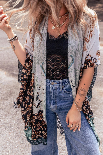 Open Front Printed Half Sleeve Cover Up Carauana Store