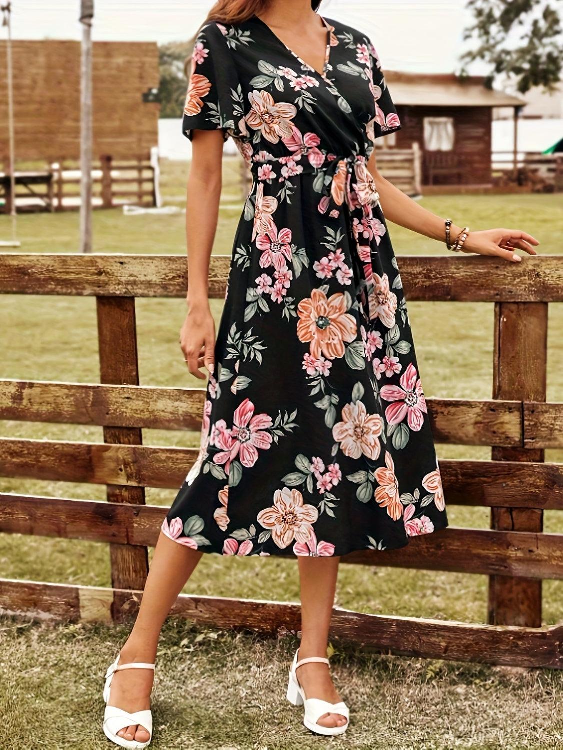 Tied Floral Surplice Short Sleeve Dress Carauana Store