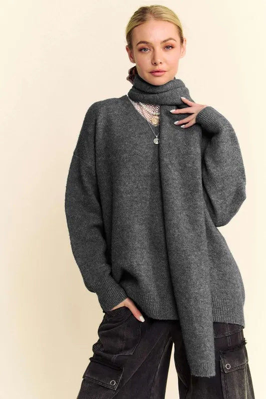 Davi & Dani V-Neck Dropped Shoulder Sweater with Scarf Set Carauana Store