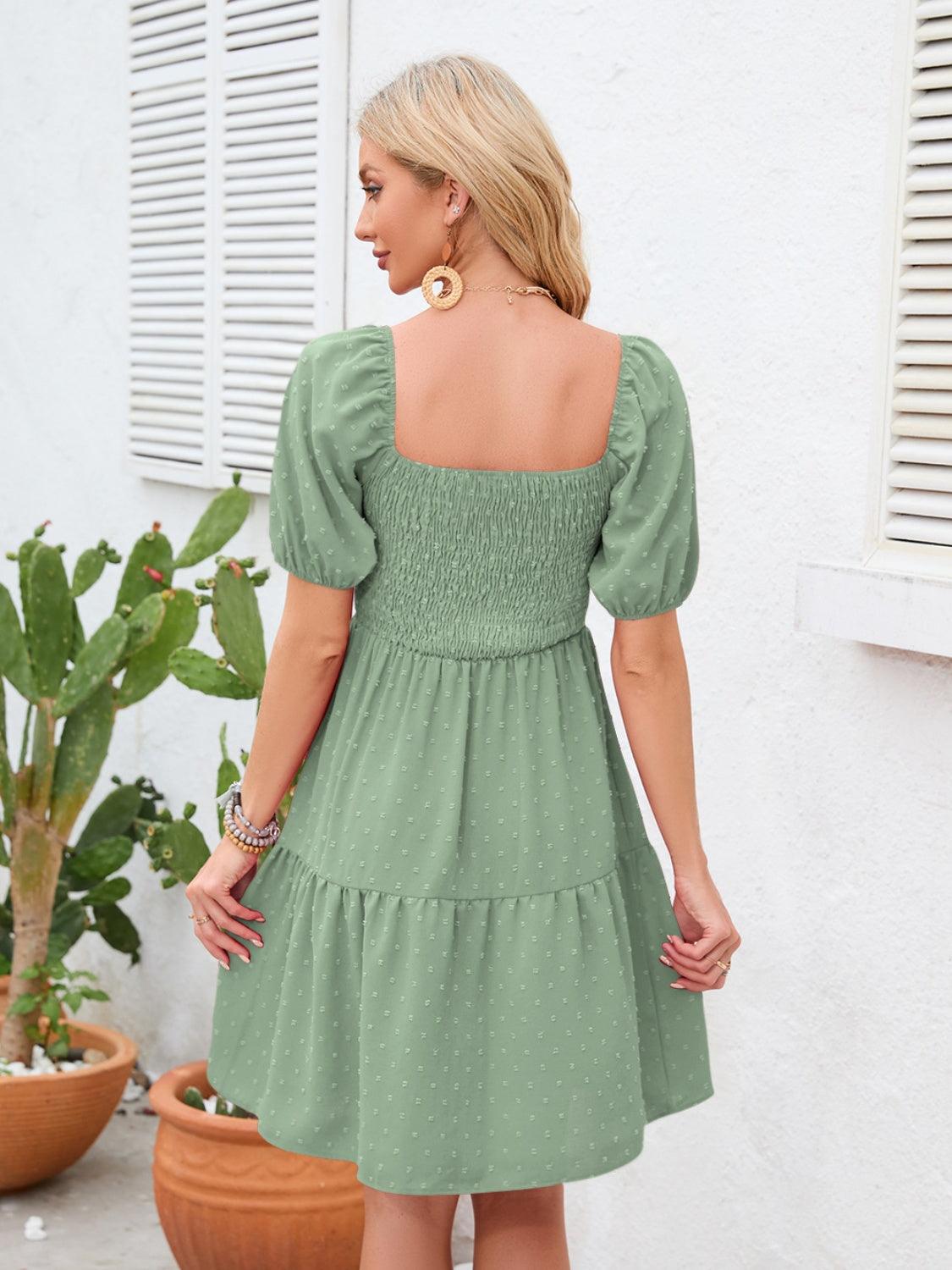 Swiss Dot Smocked Square Neck Dress Carauana Store