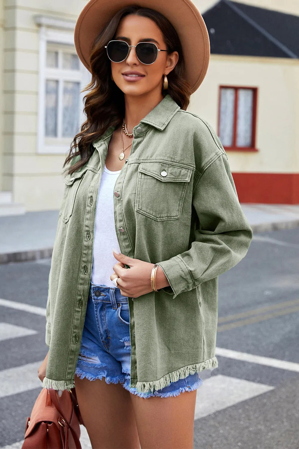 Button Up Pocketed Raw Hem Denim Jacket Carauana Store