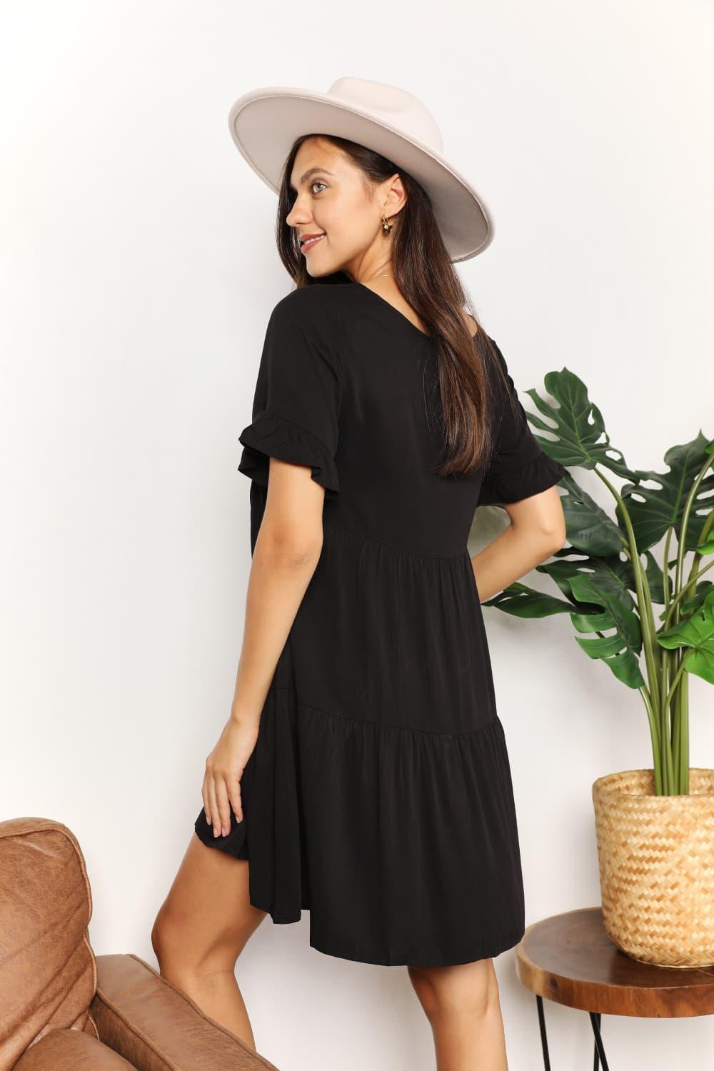 Double Take V-Neck Flounce Sleeve Tiered Dress Carauana Store