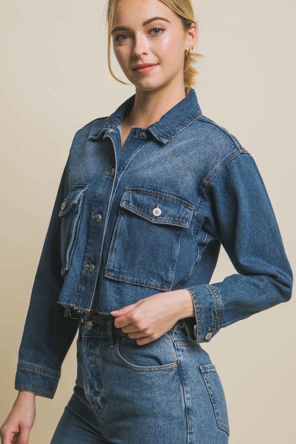 LOVE TREE Raw Hem Button Up Cropped Denim Jacket Carauana Store